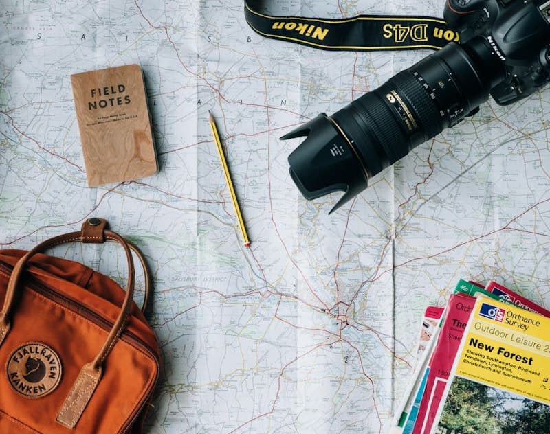 Traveller planning a travel route on a scenic map